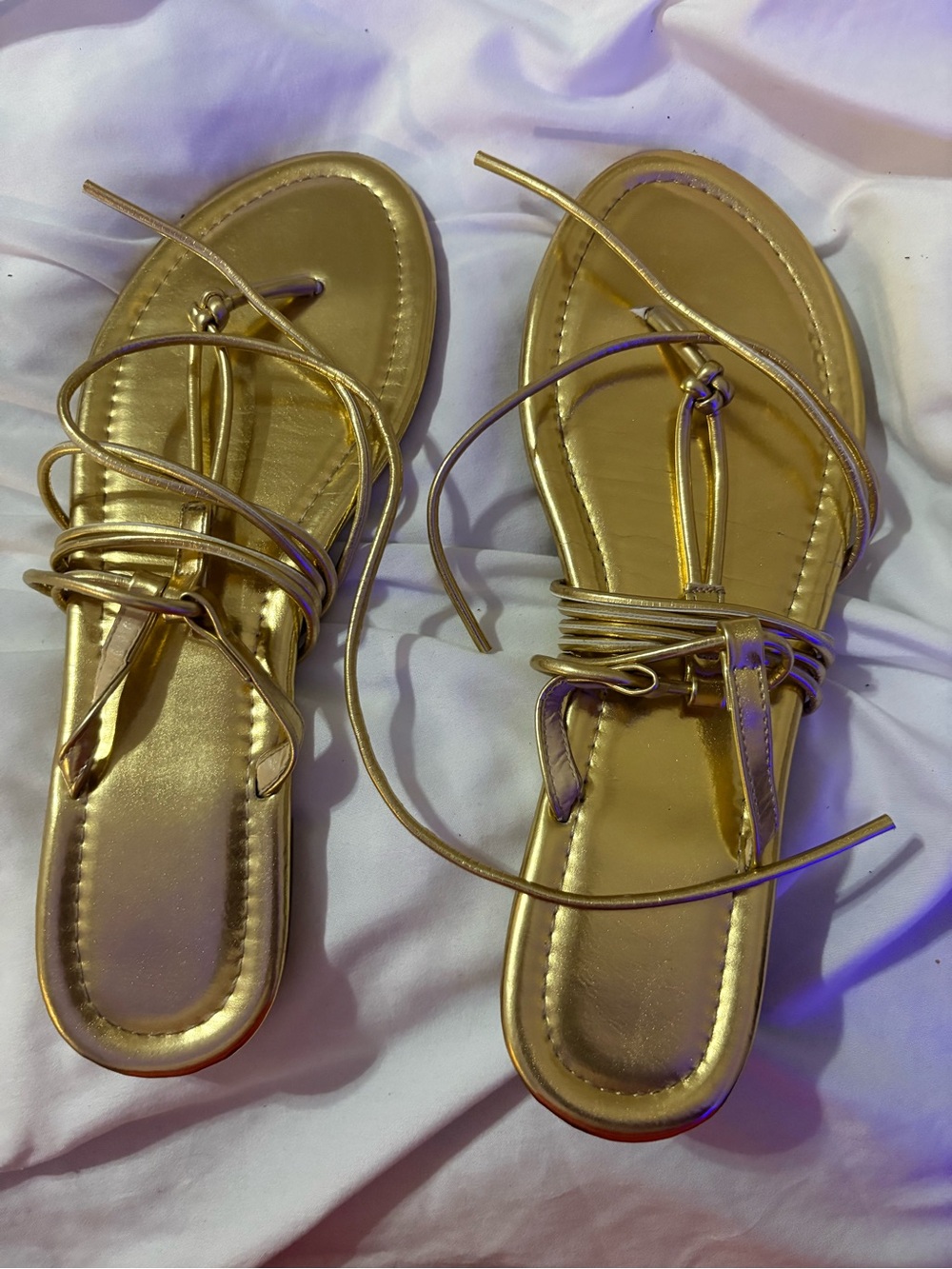 Gold Strappy Lace-Up Flat Sandals - Women
